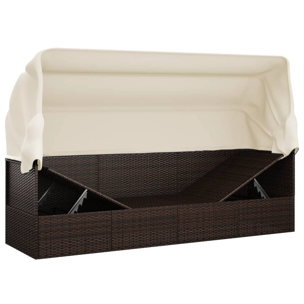 Patio Lounge Bed with Roof and Cushions Brown Poly Rattan