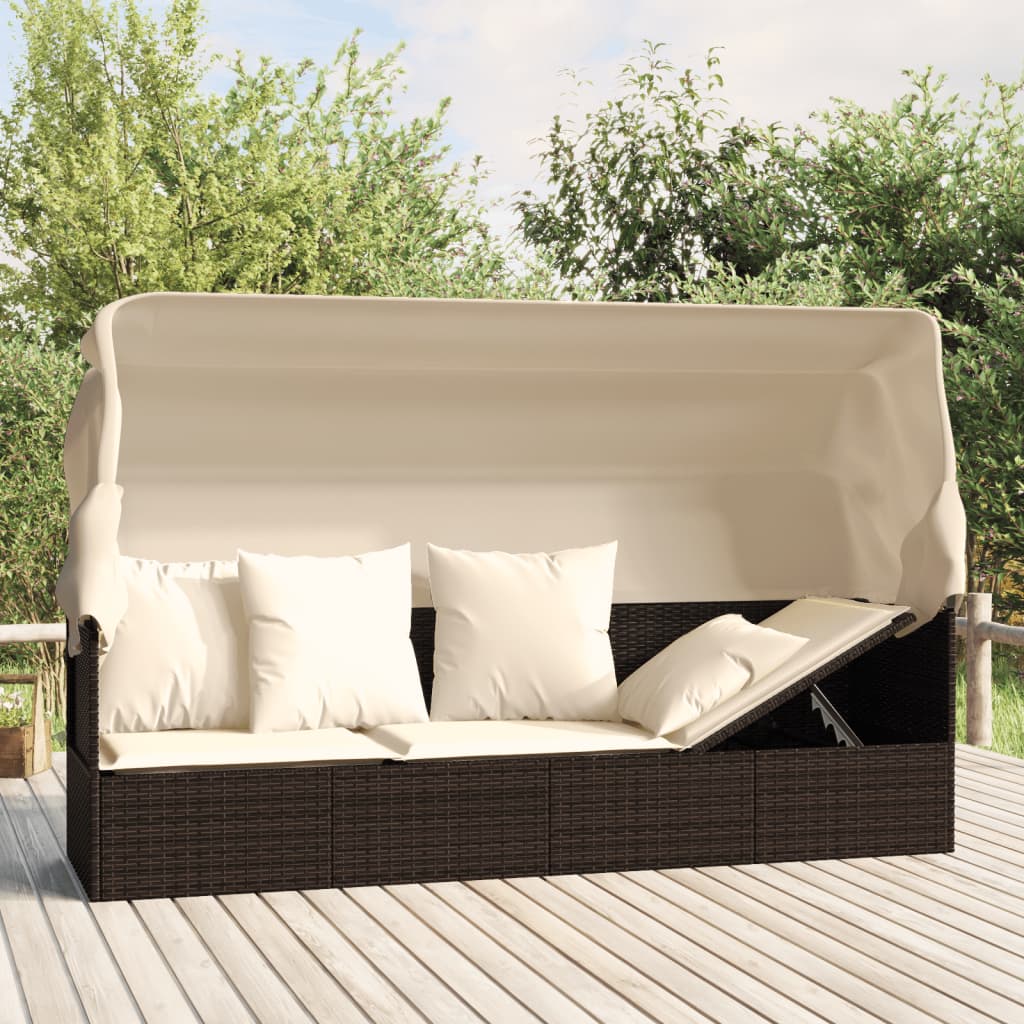 Patio Lounge Bed with Roof and Cushions Brown Poly Rattan