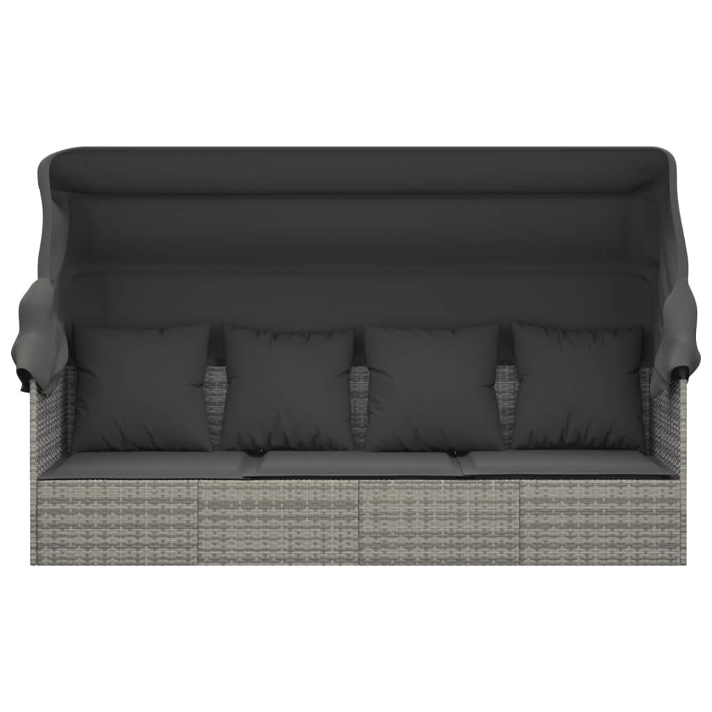 Patio Lounge Bed with Roof and Cushions Gray Poly Rattan