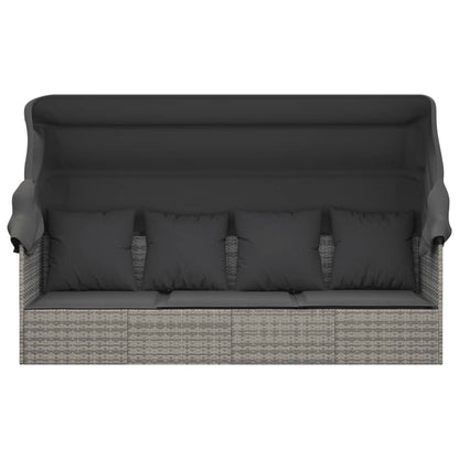 Patio Lounge Bed with Roof and Cushions Gray Poly Rattan