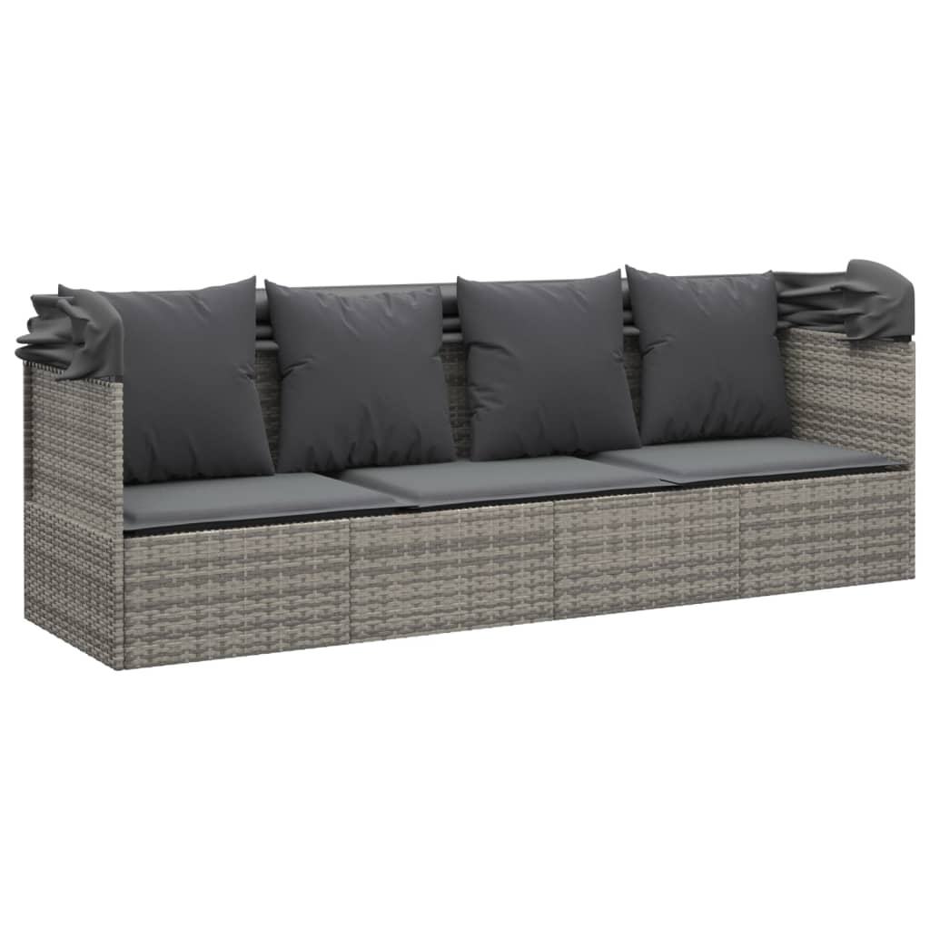 Patio Lounge Bed with Roof and Cushions Gray Poly Rattan
