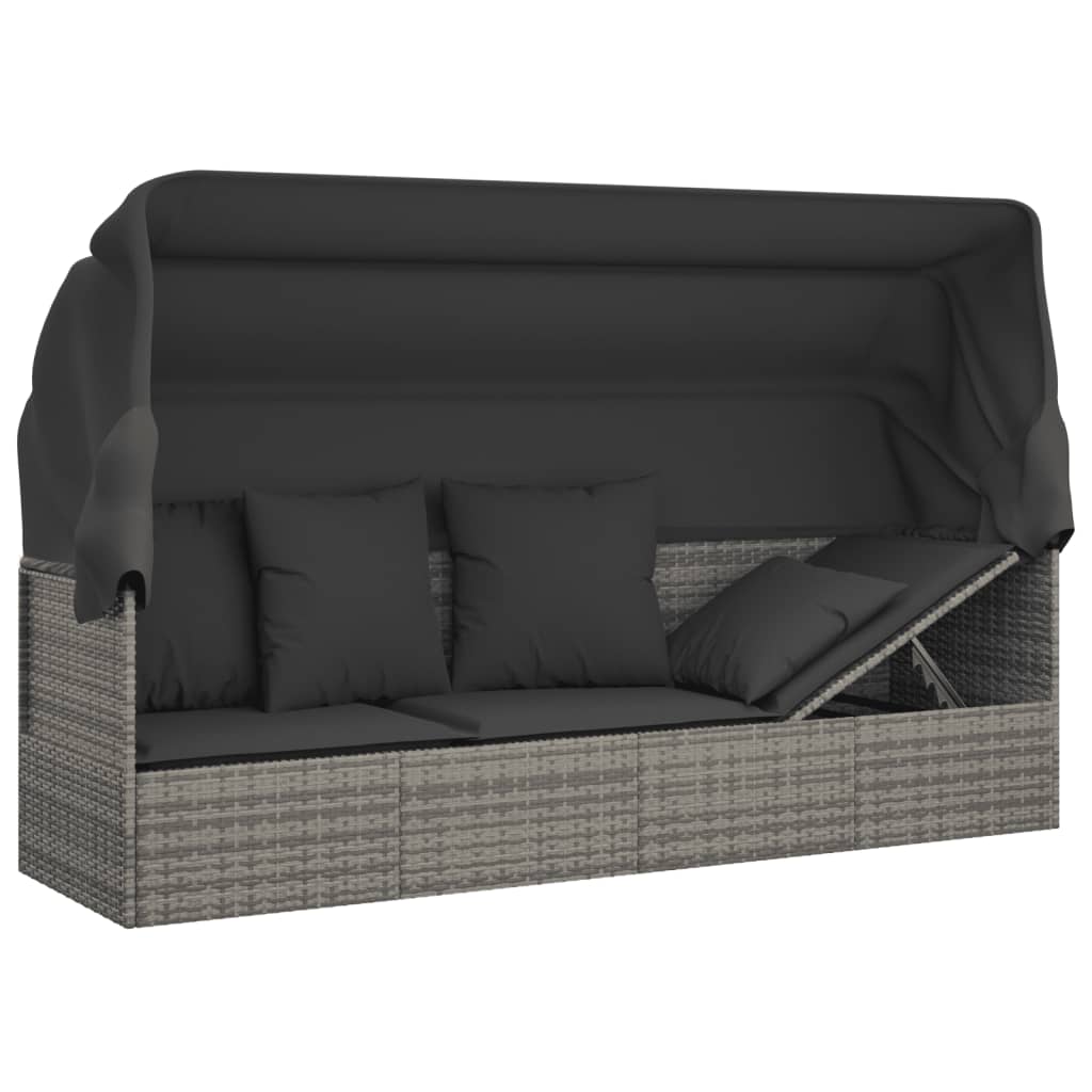 Patio Lounge Bed with Roof and Cushions Gray Poly Rattan