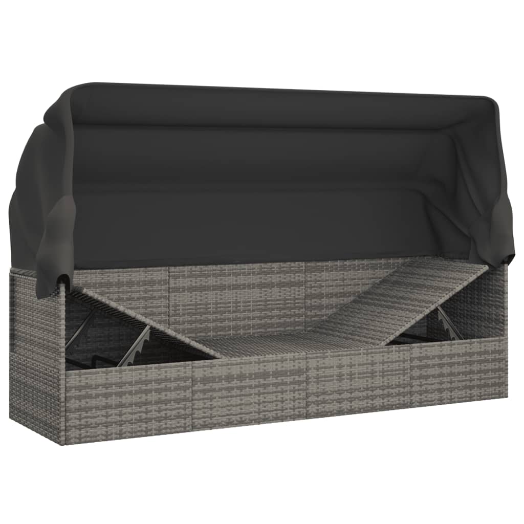 Patio Lounge Bed with Roof and Cushions Gray Poly Rattan