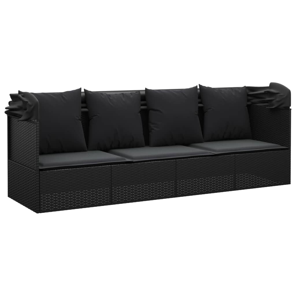 Patio Lounge Bed with Roof and Cushions Black Poly Rattan
