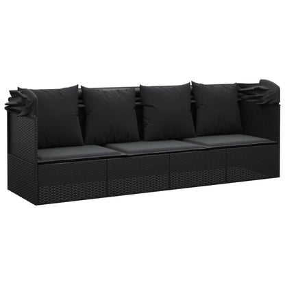 Patio Lounge Bed with Roof and Cushions Black Poly Rattan