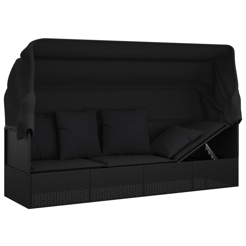 Patio Lounge Bed with Roof and Cushions Black Poly Rattan