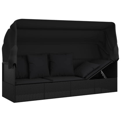 Patio Lounge Bed with Roof and Cushions Black Poly Rattan