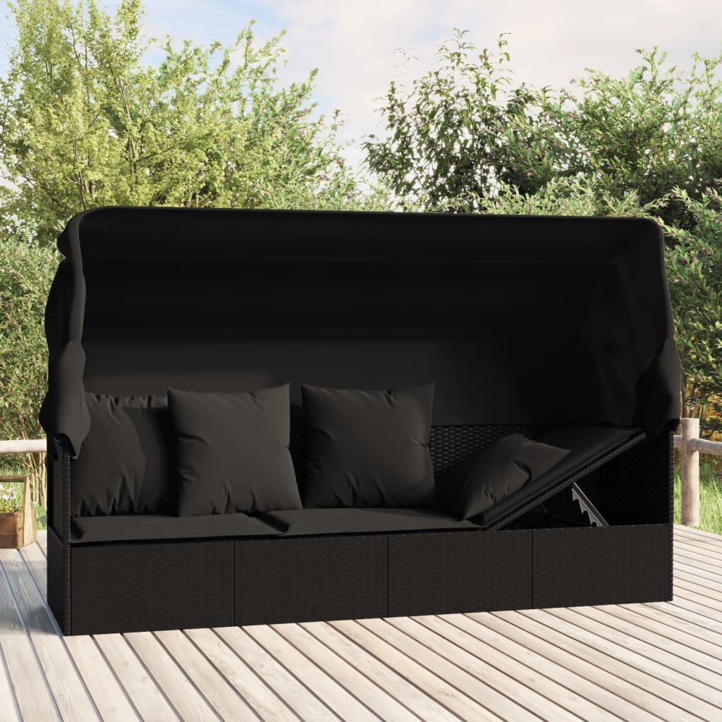 Patio Lounge Bed with Roof and Cushions Black Poly Rattan