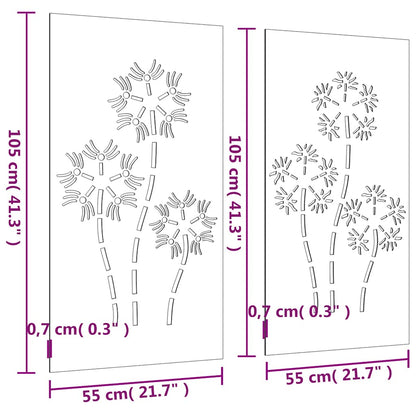 Patio Wall Decorations 2pcs 41.3"x21.7" Corten Steel Flower Design
