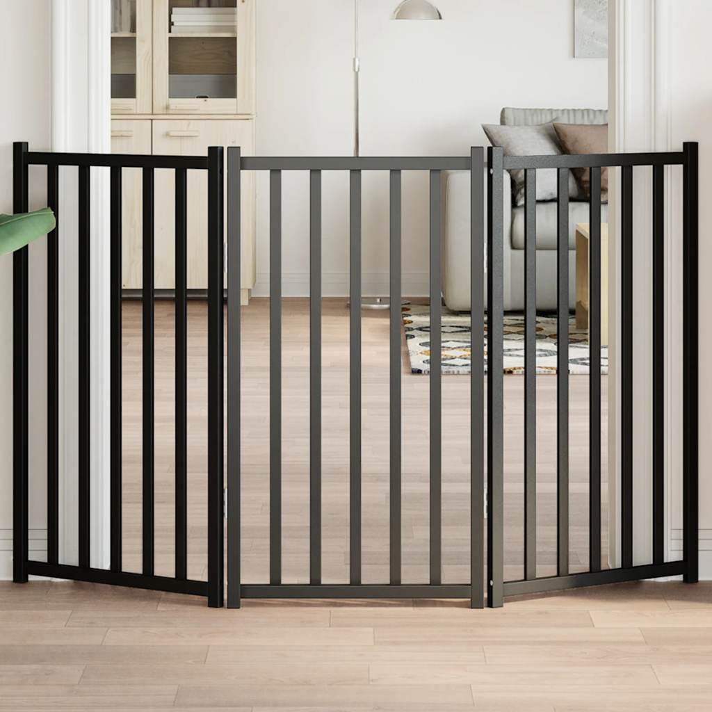 Dog Gate Foldable 3 Panels Black 150 cm Solid Wood Fir