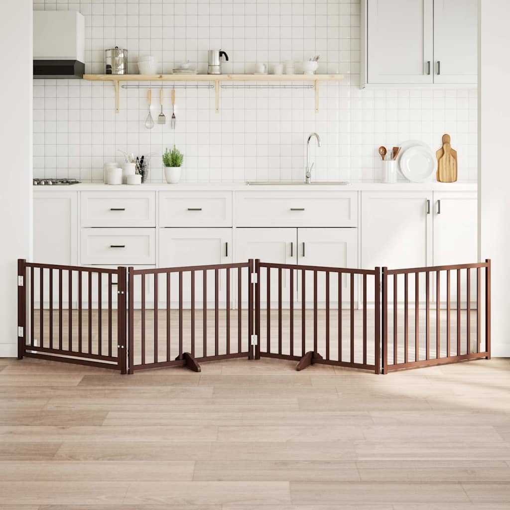 Dog Gate with Door Foldable 4 Panels Brown Oak 320 cm Solid Wood Fir