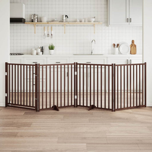Dog Gate with Door Foldable 4 Panels Brown Oak 320 cm Solid Wood Fir