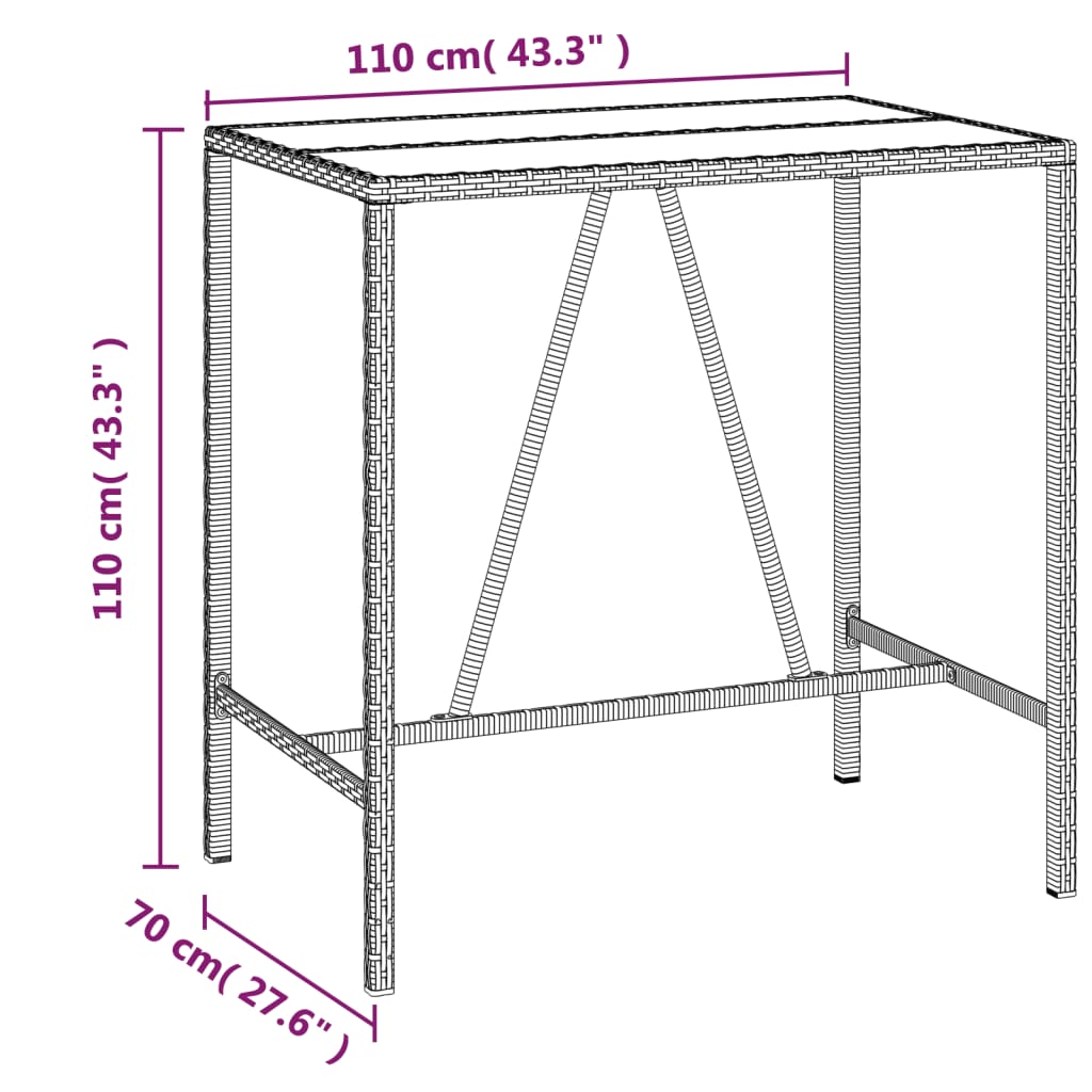 Bar Table with Glass Top Grey 110x70x110 cm Poly Rattan