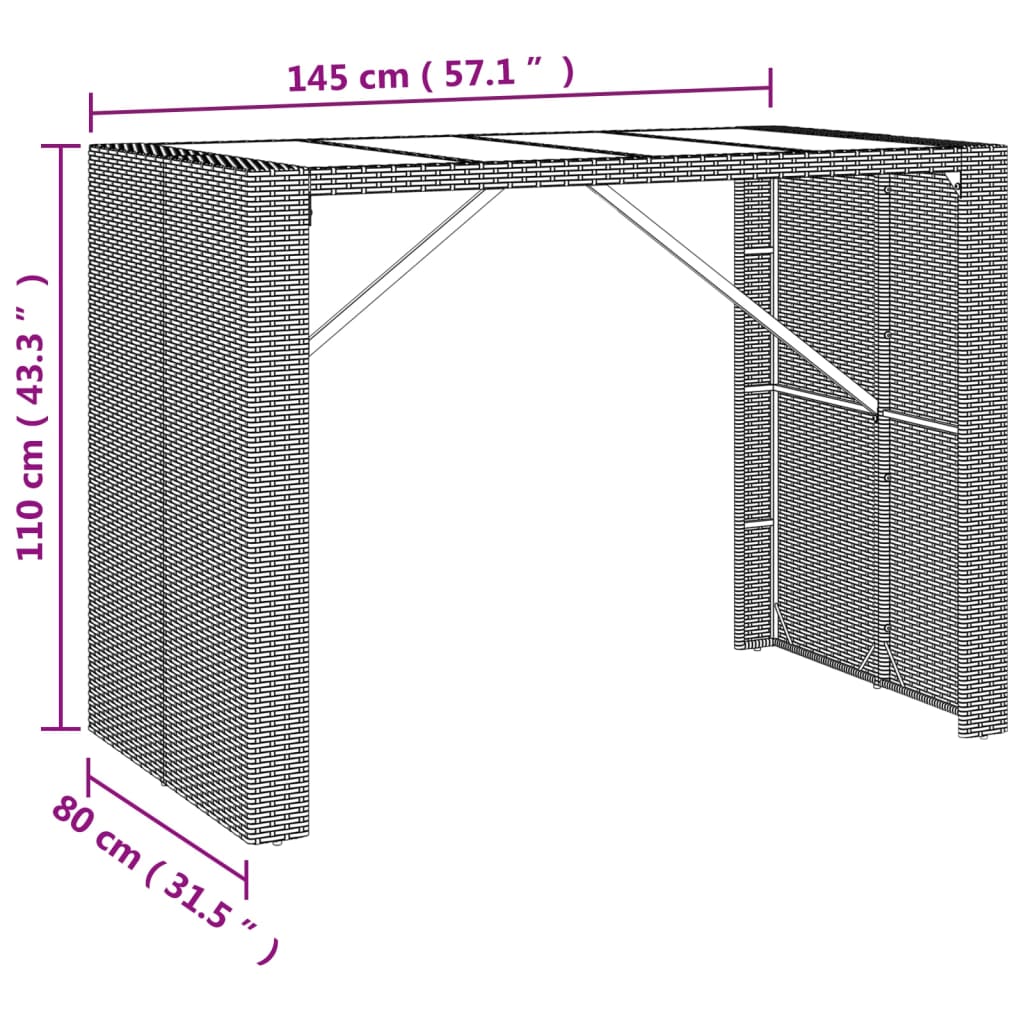 Bar Table with Glass Top Grey 145x80x110 cm Poly Rattan