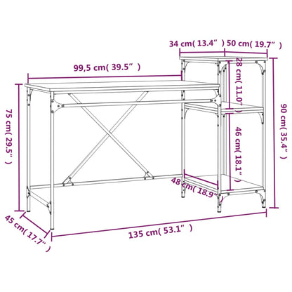 Desk with Shelves Grey Sonoma 135x50x90 cm Engineered Wood&Iron