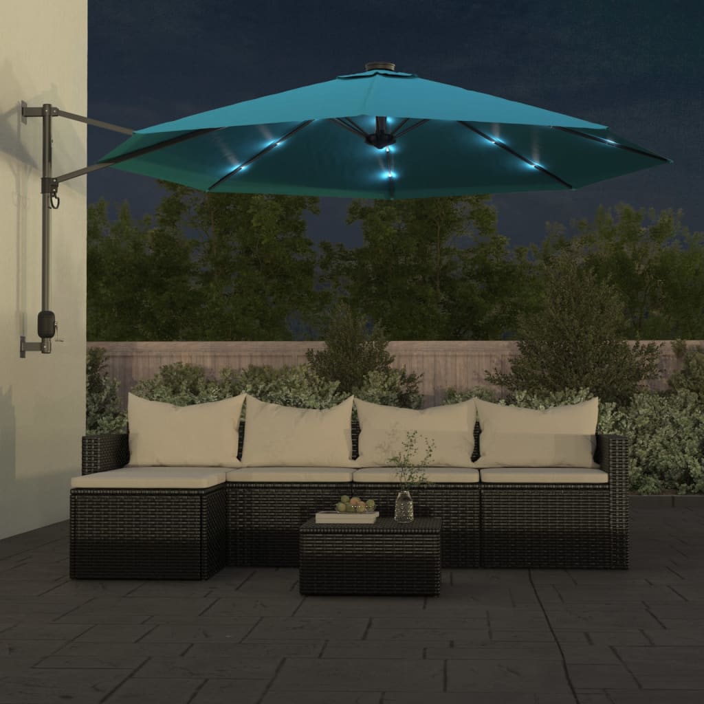 Wall-mounted Parasol with LEDs Sea Blue 290cm