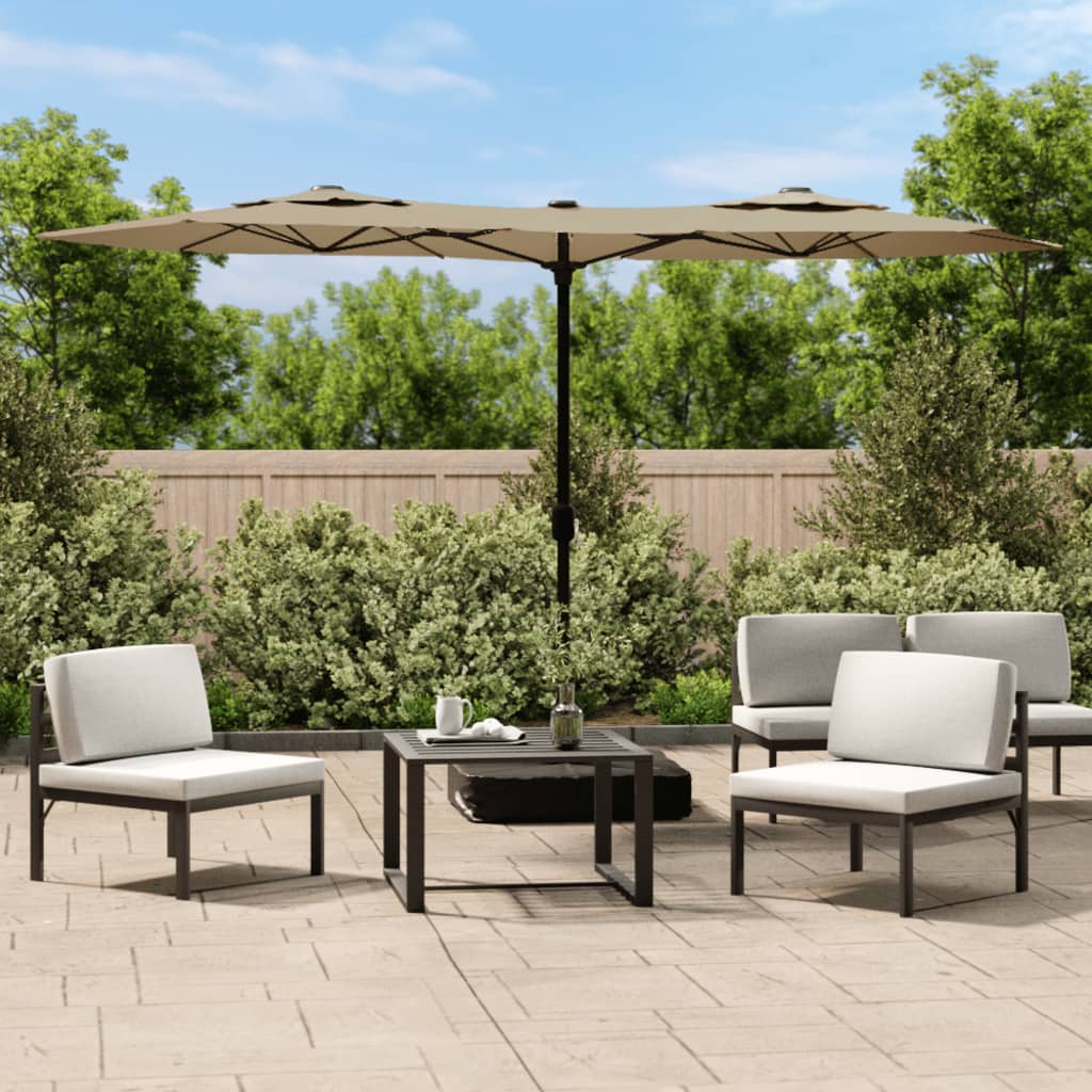 Double-Head Garden Parasol with LEDs Taupe 316x145 cm