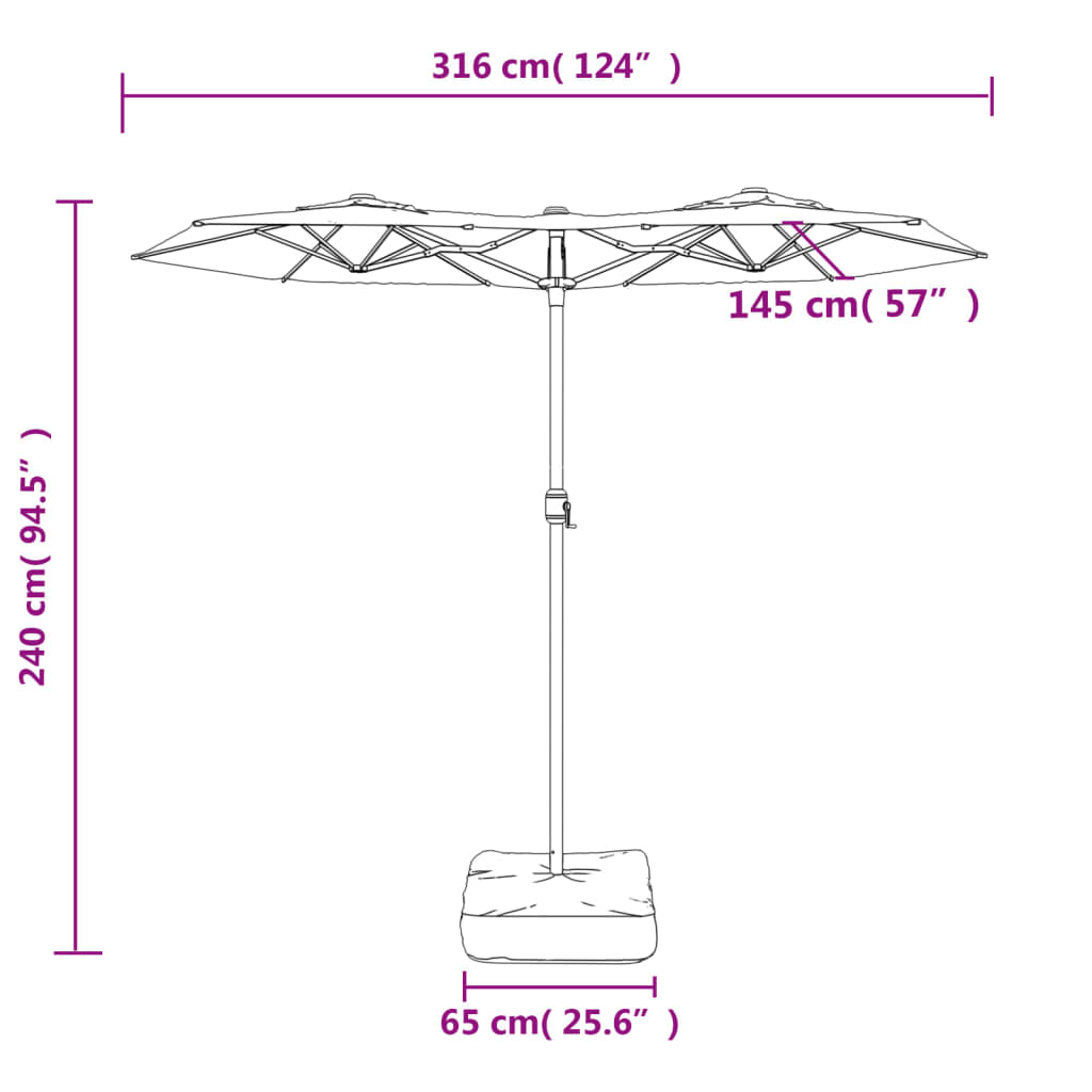 Double-Head Garden Parasol with LEDs Bordeaux Red 316x145 cm