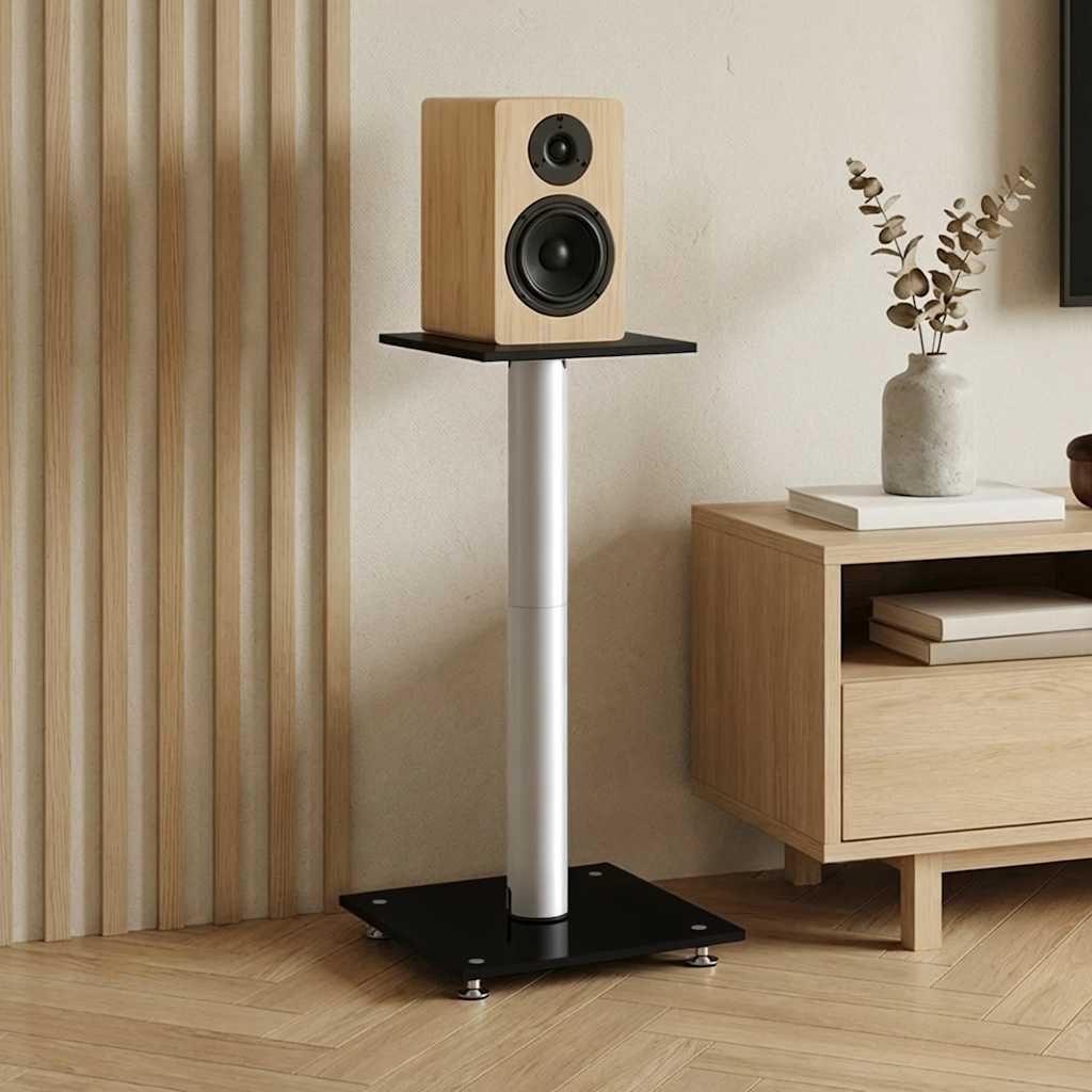Speaker Stands 2 pcs Black&Silver Tempered Glass 1 Pillar Design