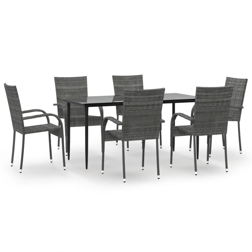 7 Piece Patio Dining Set Gray Poly Rattan