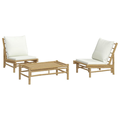 3 Piece Patio Lounge Set with Cream White Cushions Bamboo