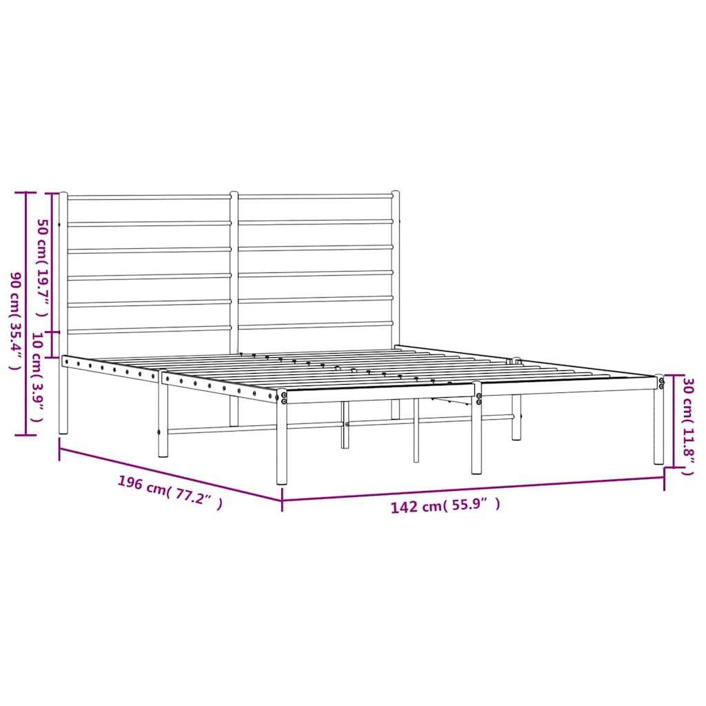 Metal Bed Frame without Mattress with Headboard Black 135x190cm