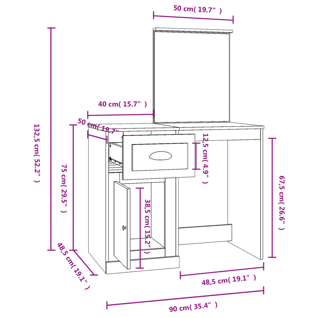 Dressing Table | Brown Oak | Engineered Wood, Acrylic | Dressing Table