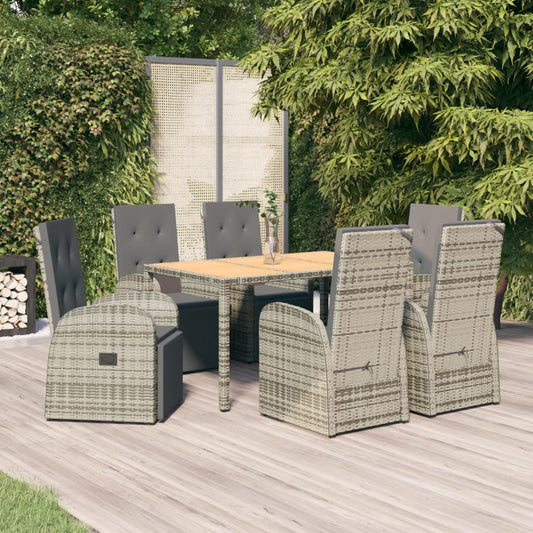 7 Piece Garden Dining Set Grey Poly Rattan&Solid Wood Acacia