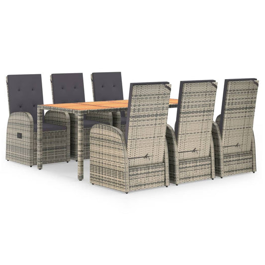7 Piece Garden Dining Set Grey Poly Rattan&Solid Wood Acacia