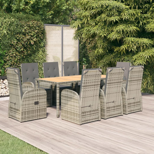 9 Piece Garden Dining Set Grey Poly Rattan&Solid Wood Acacia