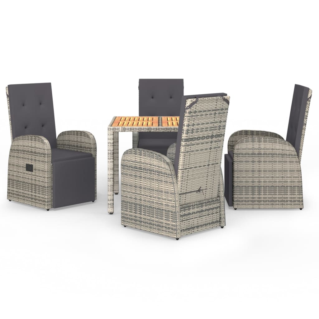 5 Piece Garden Dining Set Grey Poly Rattan&Solid Wood Acacia