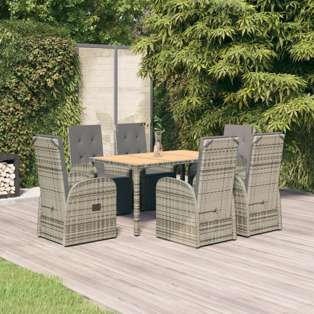 7 Piece Garden Dining Set Grey Poly Rattan&Solid Wood Acacia