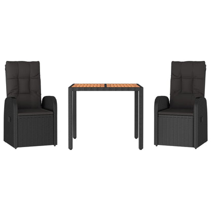 3 Piece Garden Dining Set Black Poly Rattan&Solid Wood Acacia