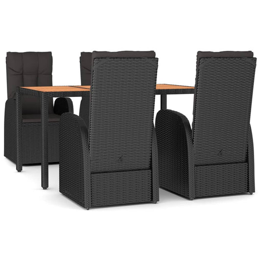 5 Piece Garden Dining Set Black Poly Rattan&Solid Wood Acacia