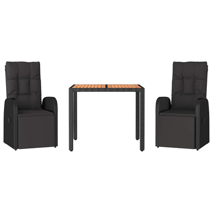 3 Piece Garden Dining Set Black Poly Rattan&Solid Wood Acacia