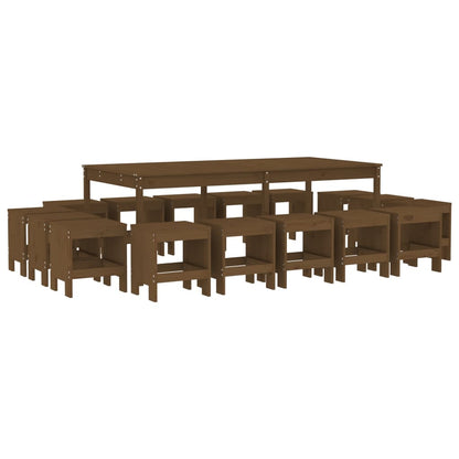 17 Piece Garden Dining Set Honey Brown Solid Wood Pine