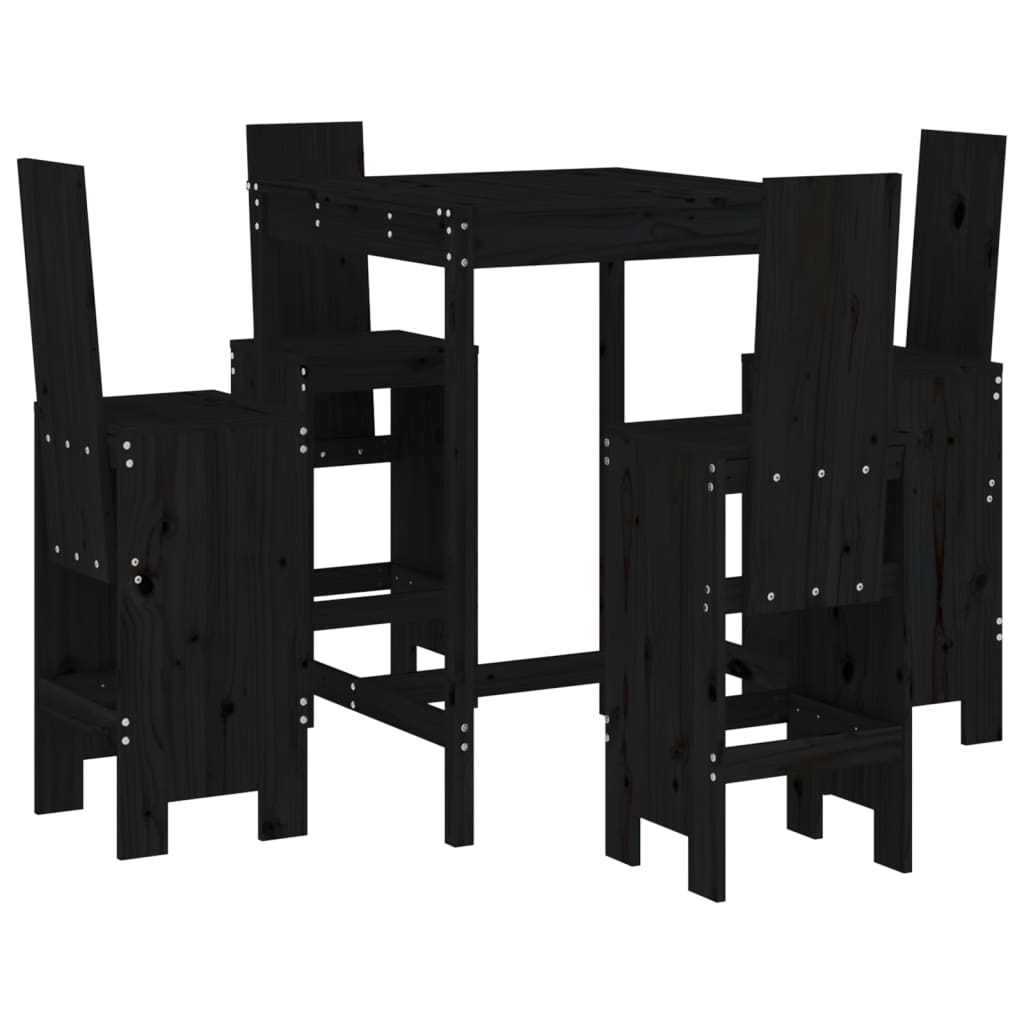 5 Piece Garden Bar Set Black Solid Wood Pine