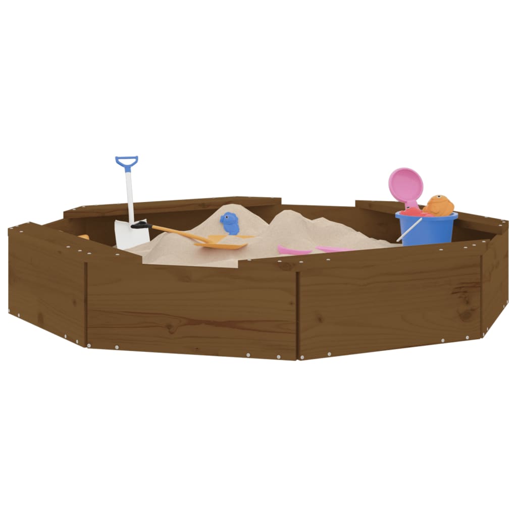 Sandbox with Seats Honey Brown Octagon Solid Wood Pine
