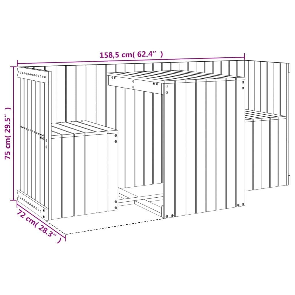 Balcony Set 2 Seater Black Solid Wood Pine