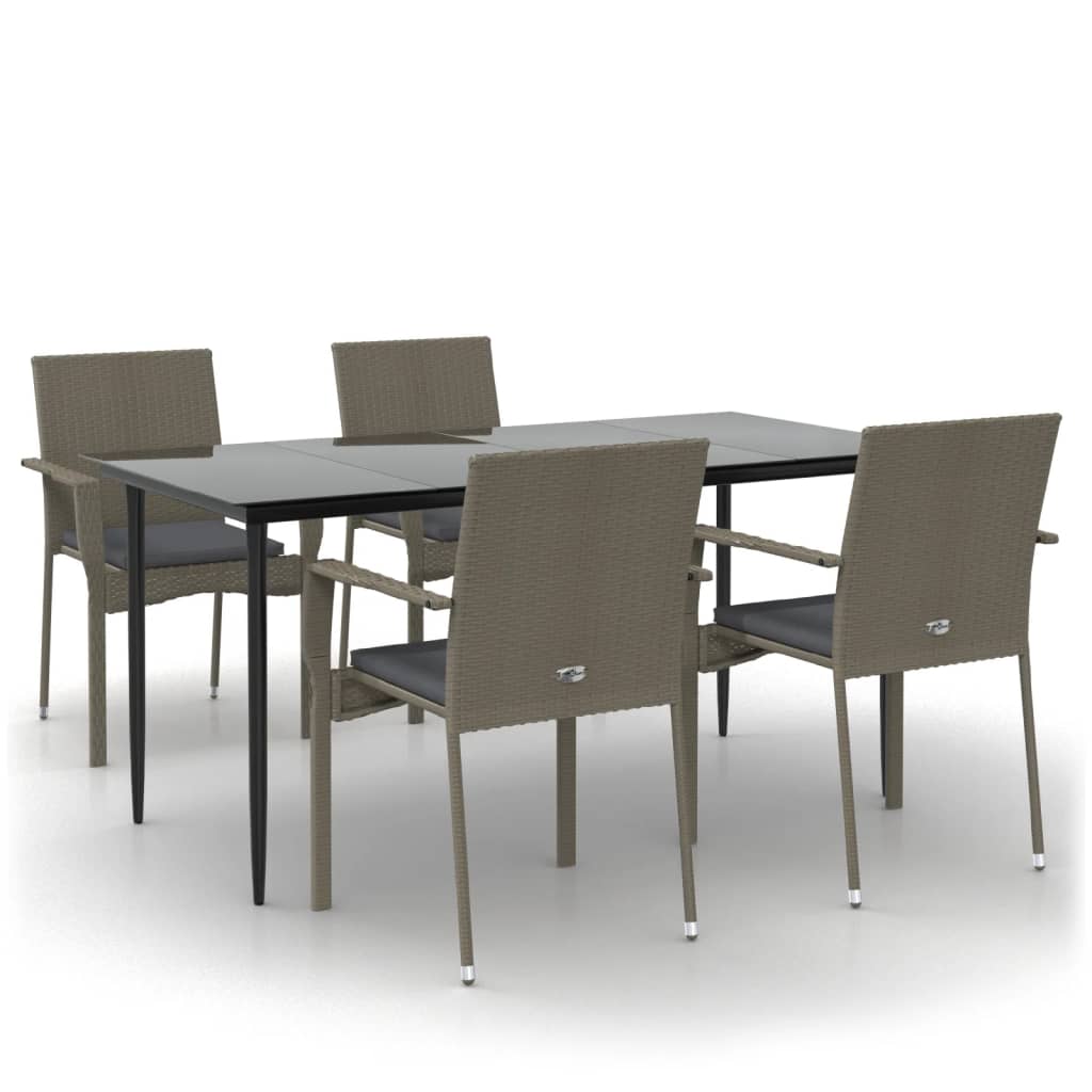 5 Piece Patio Dining Set with Cushions Black and Gray Poly Rattan