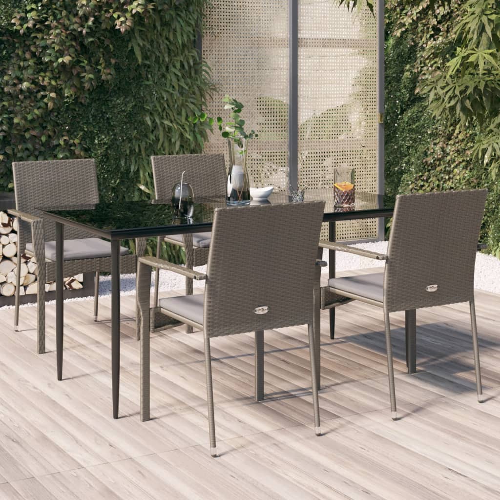 5 Piece Patio Dining Set with Cushions Black and Gray Poly Rattan
