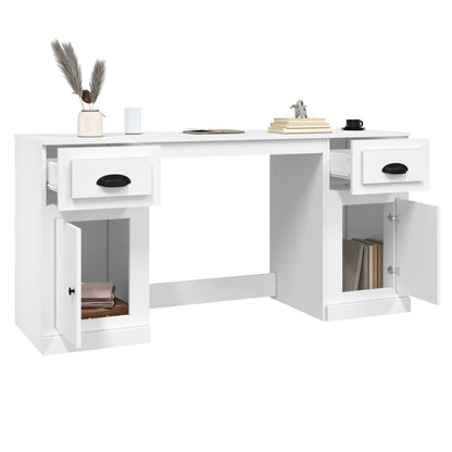 Desk with Cabinet White Engineered Wood