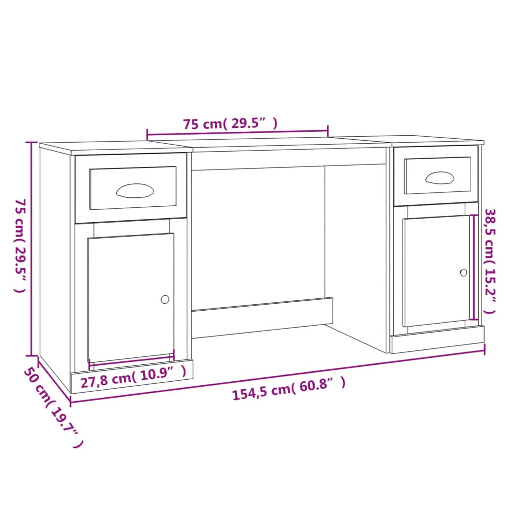 Desk with Cabinet White Engineered Wood