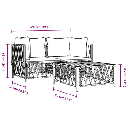 3 Piece Patio Lounge Set with Cushions White Steel
