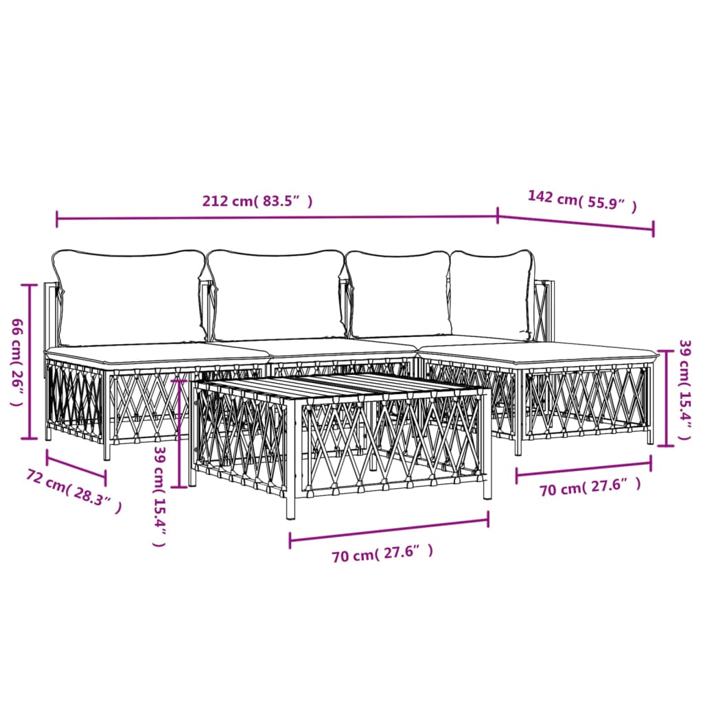 5 Piece Patio Lounge Set with Cushions White Steel