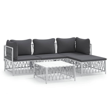 5 Piece Patio Lounge Set with Cushions White Steel