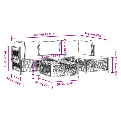 5 Piece Patio Lounge Set with Cushions White Steel