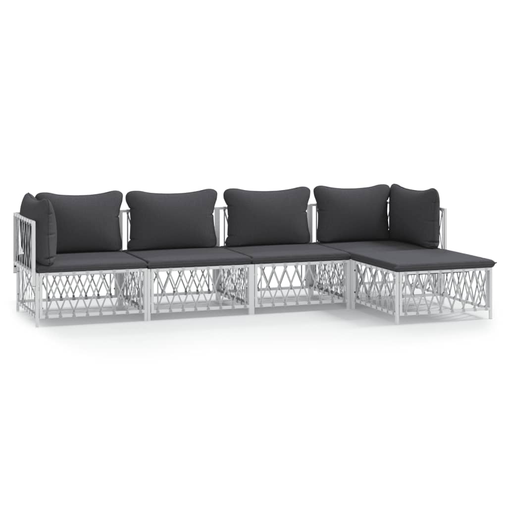 5 Piece Patio Lounge Set with Cushions White Steel