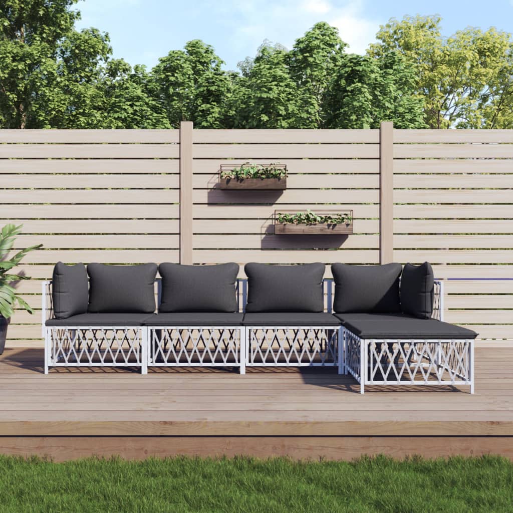 5 Piece Patio Lounge Set with Cushions White Steel