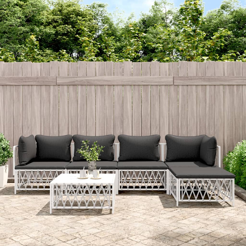 6 Piece Patio Lounge Set with Cushions White Steel